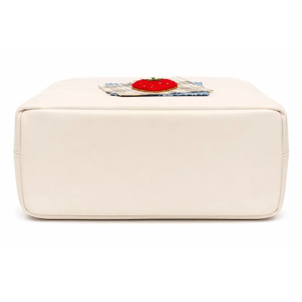 Insulated Lunch Bag for Women Cream Strawberry Embroidered Reusable Lunch Tote